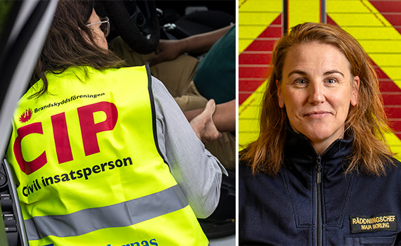 Civil insatsperson på olycksplats intill person i förarsätet på en bil samt porträttfoto på Maja Norling