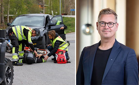 Civila insatspersoner hjälper till efter en olycka på väg, kombinerad med porträttfoto på Christoffer Jonsson.