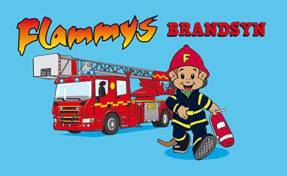 Tecknad illustration av Flammy och en brandbil