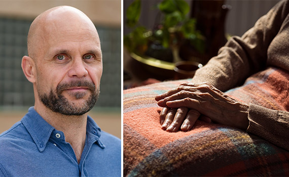 Porträttbild Christian Lööf samt bild på äldre person med händerna i knät