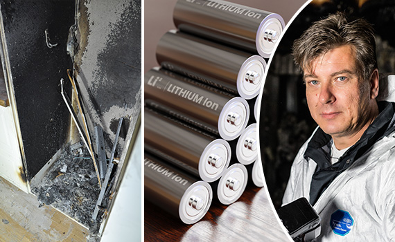 Städskåp med batteripåse har brunnit samt porträttfoto av Michael Steen