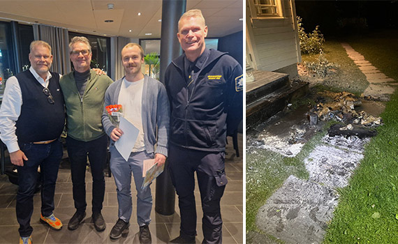 Från vänster: Räddningsnämndens ordförande Henrik Östlund, Börje Knutsson från Brandskyddsföreningen, den rådige mannen John Schill samt Magnus Wijk, räddningschef i Halmstad. Samt bild med aska efter en brand utanför ytterdörr.