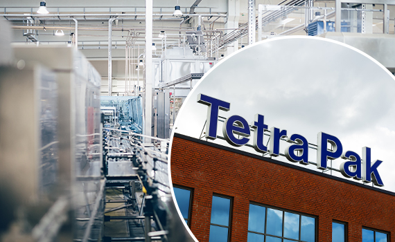 Tetra Paks fabrik inuti och en bild på Tetra Paks skylt på taket