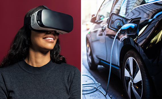 En kvinna som har på sig VR-glasögon och en bild på en elbil som laddas