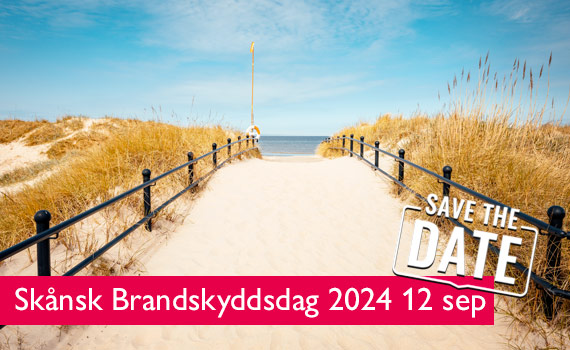En bild på gräs och en strand och texten skånsk brandskyddsdag 2024 12 sep, save the date