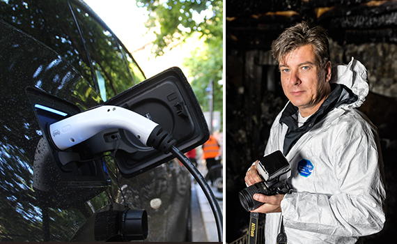 Elbil som laddas och bild på Michael Steens