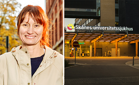 Malin Tindberg och en bild på Skånes Universitetssjukhus ingång