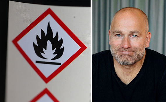 Ett varningsmärke för brandfara och en bild på Lars Brodin