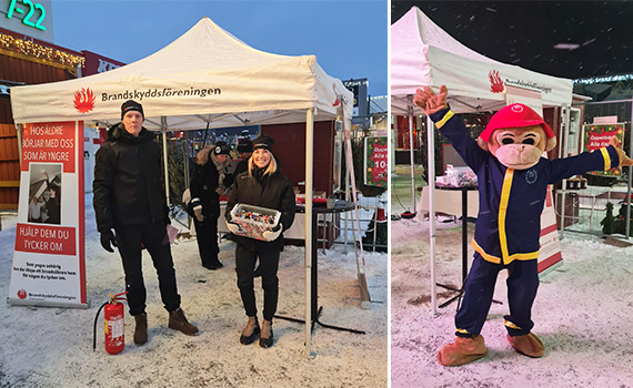 Bild på Flammy och personal från Brandskyddsföreningen