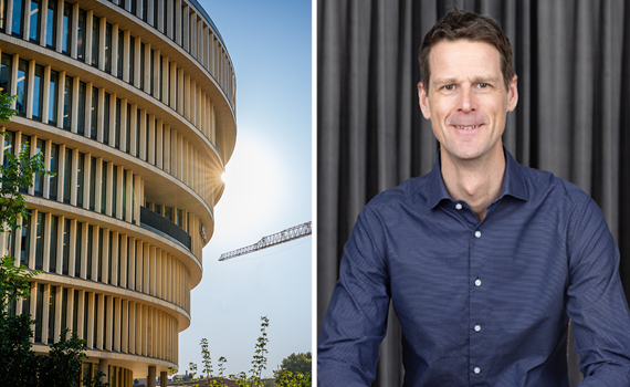 Byggnad och porträtt på expert Martin Sandberg