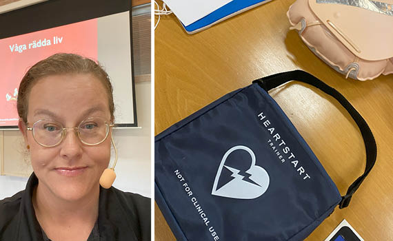 Person i profil samt en hjärtstartare