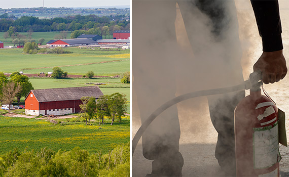 Delad bild med en ladugård och en man som släcker en brand med en brandsläckare