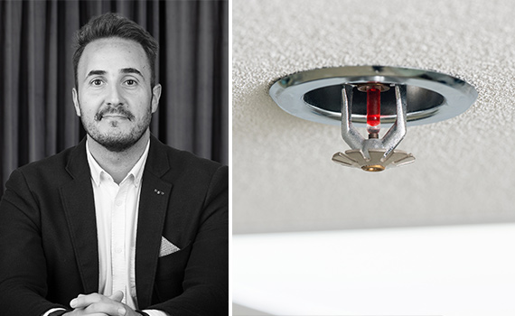 Ikaros Savvidis, sprinklerexpert på Brandskyddsföreningen, samt sprinkler i tak