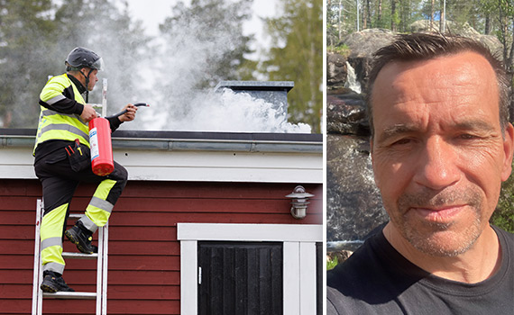 En man med CIP-väst står på en stege vid ett hustak och riktar brandsläckare mot röken, samt porträttfoto på Veine som är civil insatsperson