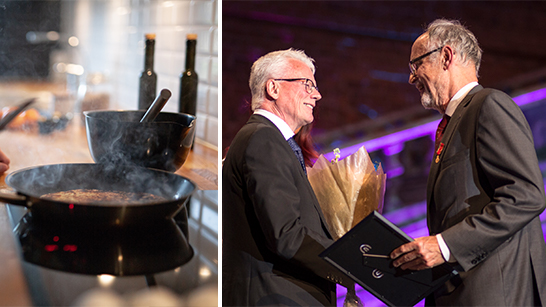 Stekpanna på en spis och bild på Ulf Wickström som tar emot ett pris av en man