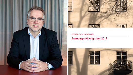 Jens Hjort och texten Boendesprinklersystem – Regler och Standard på en bakgrund av ett hus