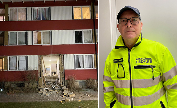Explosionsskadat lägenhetshus och Stefan Malmquist